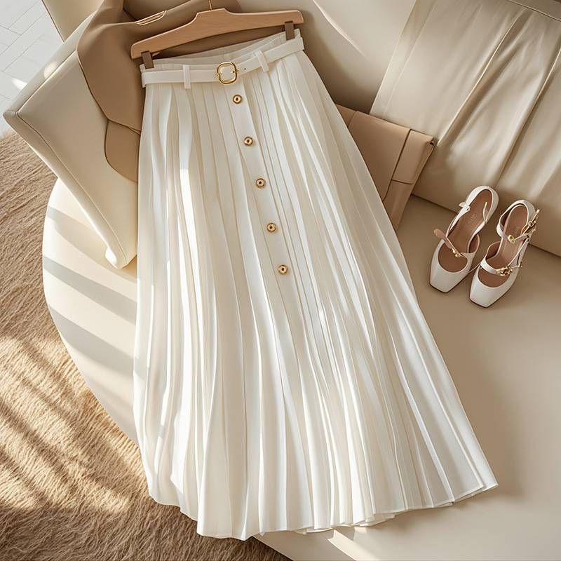 Women's Two-Piece Set - White Shirt With Gold Accents & Midi Skirt - Modern Professional Office Outfit_ecoleips.com
