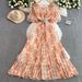 Women's Clothing Print Double Layer Trumpet Sleeve Dress For Women In Summer With Slim Waist And Pleated Long Skirt_ecoleips.com
