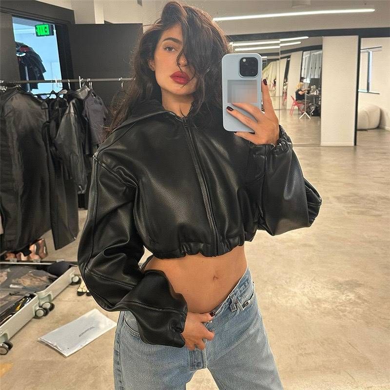Trendy Faux Leather Hooded Cropped Jacket For Women - Streetwear Biker Style Zippered Long Sleeve Top_ecoleips.com