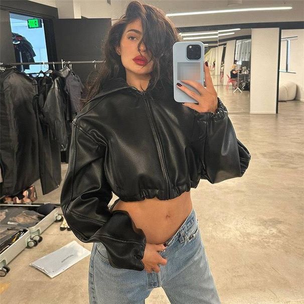 Trendy Faux Leather Hooded Cropped Jacket For Women - Streetwear Biker Style Zippered Long Sleeve Top_ecoleips.com