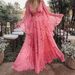 Women's Clothing Style Maternity Dress Spaghetti Strap Deep V Neck Printed Batwing Sleeve Pleated Floor Length With Top And Bottom Lining_ecoleips.com
