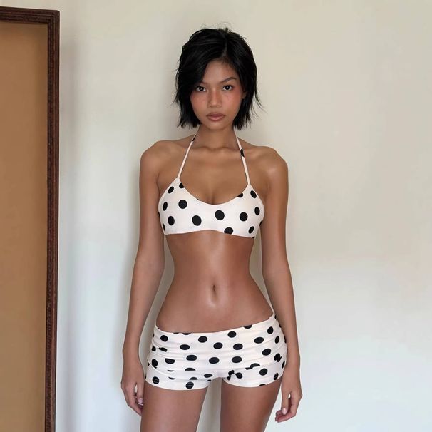 Women's Retro Polka Dot Bikini Set Halter Neck Tank Top + Solid Color Shorts Summer Vacation Hot Spring Sexy Beachwear_ecoleips.com