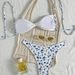 Women White Blue Ditsy Floral 2 Piece Bikini Set Halter Back Tie Scalloped Edge Mini Bow High Cut Cheeky Bathing Suit Summer Beach Swimwear_ecoleips.com