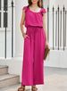 K Fashionable Pleated Square Neck Jumpsuit With Pockets, Solid Color Sleeveless Ruffle Sleeve Jumpsuit For Women_ecoleips.com