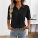 Women's Solid Color Lapel Knit Pullover Short Sleeve T-Shirt Loose Fit New Arrival_ecoleips.com