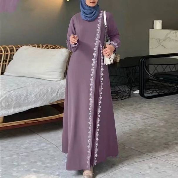 Autumn Women Long Sleeve O Neck Muslim Maxi Dress Kaftan Elegant Lace Crochet Loose Turkey Abaya Vestidos Islamic Dresses_ecoleips.com