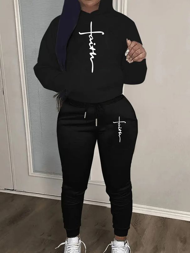 Women's Autumn And Winter Casual Fashion Faith Cross Pattern Printed Thick Velvet Warm Hooded Sweatshirt+sweatpants Set-670_ecoleips.com