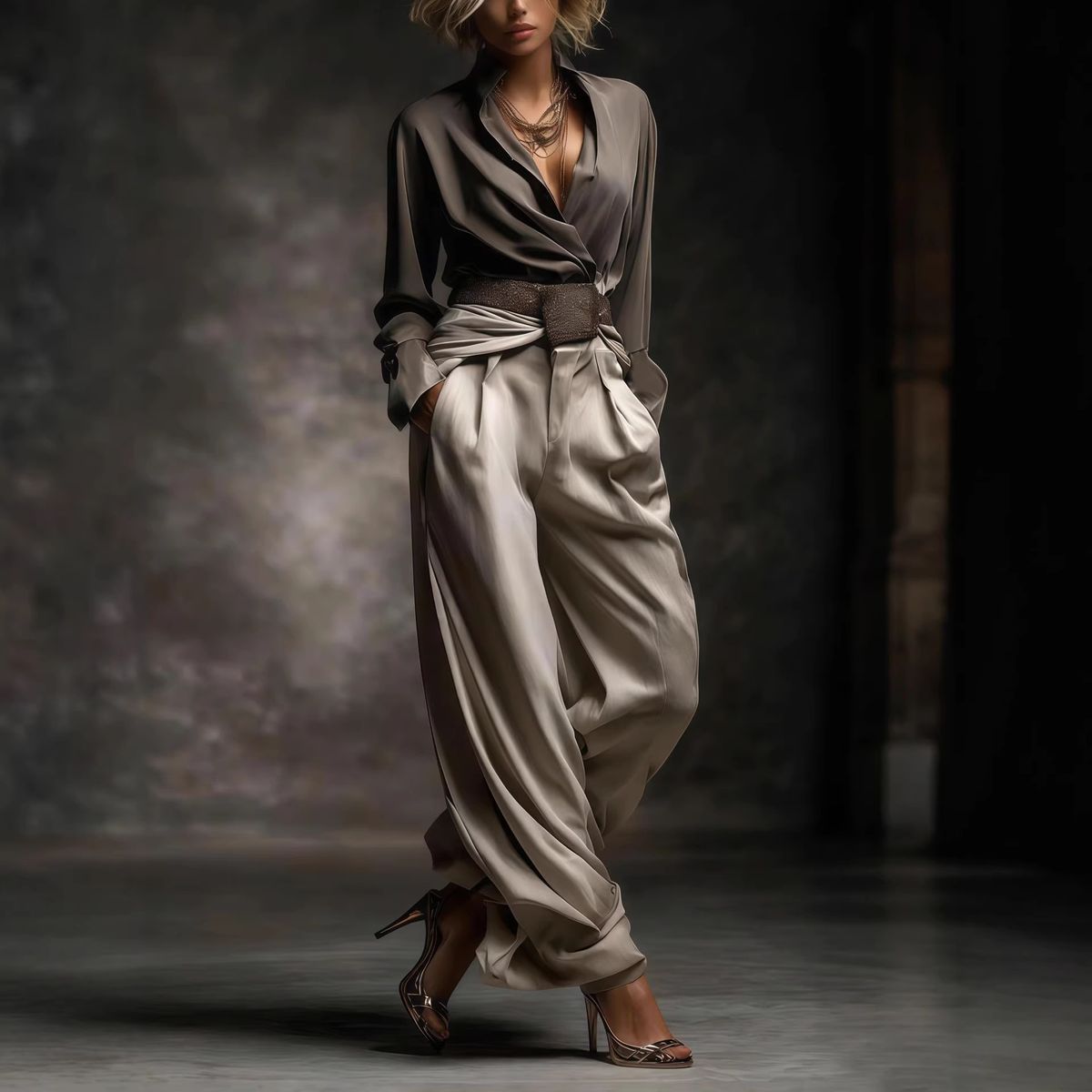 Women's Clothing V Neck Sleeveless Waist Cinching Wide Leg Pants Suit Women's Fashionable Casual Two Piece Set European American Style_ecoleips.com