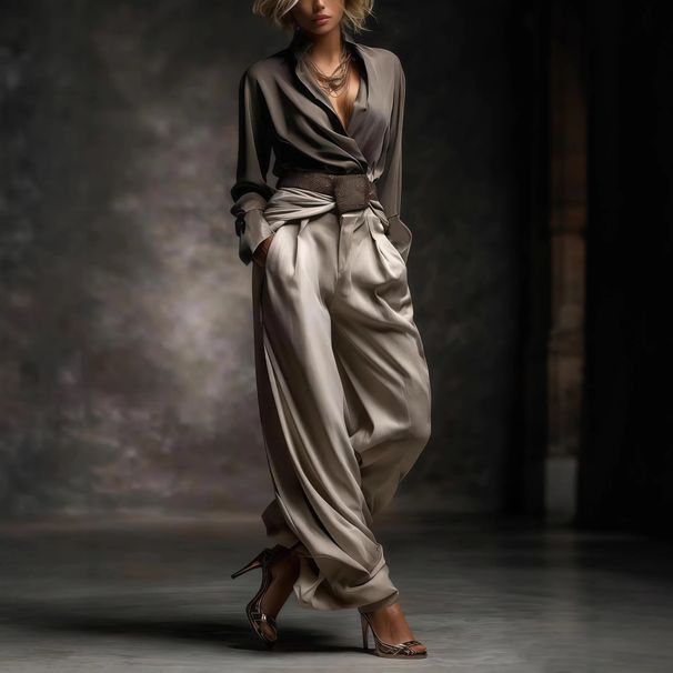 Women's Clothing V Neck Sleeveless Waist Cinching Wide Leg Pants Suit Women's Fashionable Casual Two Piece Set European American Style_ecoleips.com