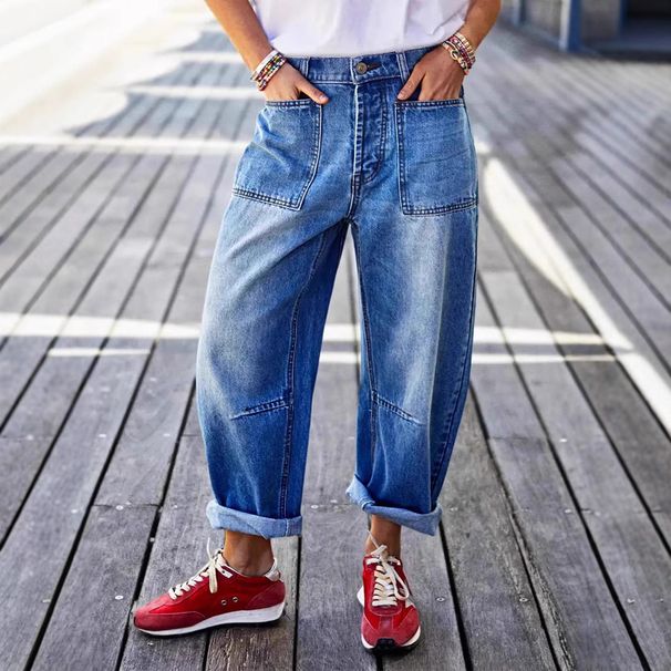 Women's Stretch Denim Jeans Mid-Rise Ankle-Length Cropped Style with Rolled-Up Cuffs Stitched Pockets European American Design_ecoleips.com