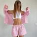 Pink Plaid Cotton Long Sleeve Shorts Loose Pajamas Two-Piece Set European And American Autumn New Home Wear_ecoleips.com