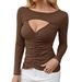 Voya Women's Simple And Sexy T-shirt With Spring And Summer Pleats, Slim Fit, Slimming And Age Reducing Temperament Top_ecoleips.com