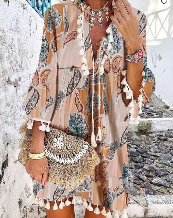 Women's Clothing New Printed V Neck Pink Pullover Temperament Commuter Tassel Dress_ecoleips.com