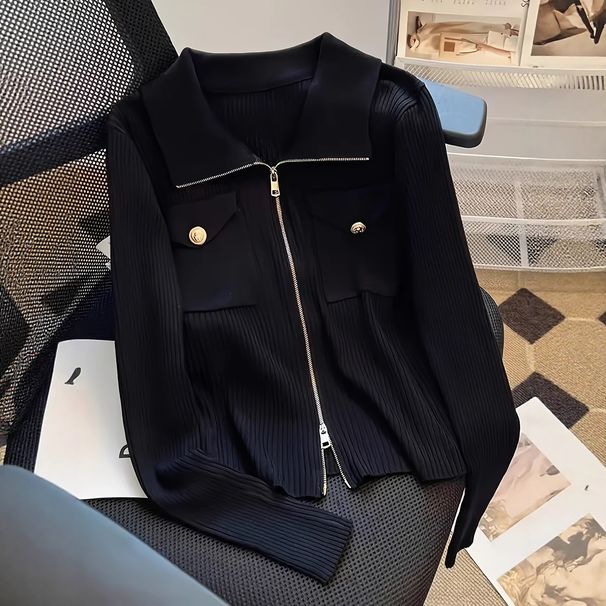 European And American Cross-border Sweater With A High-end Feel, Black Zippered Lapel Slim-fit Knitted Cardigan_ecoleips.com
