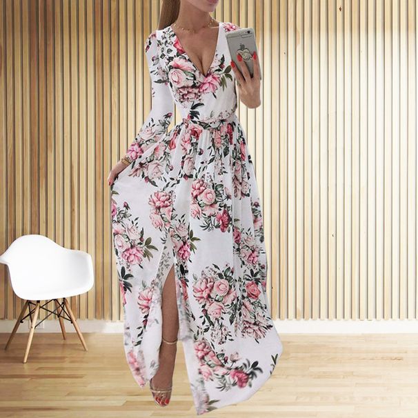 Summer Chiffon Printed Long Dress V Neck Evening Gown for Women with Long Sleeves And Slit Cross Border E Commerce 2023_ecoleips.com