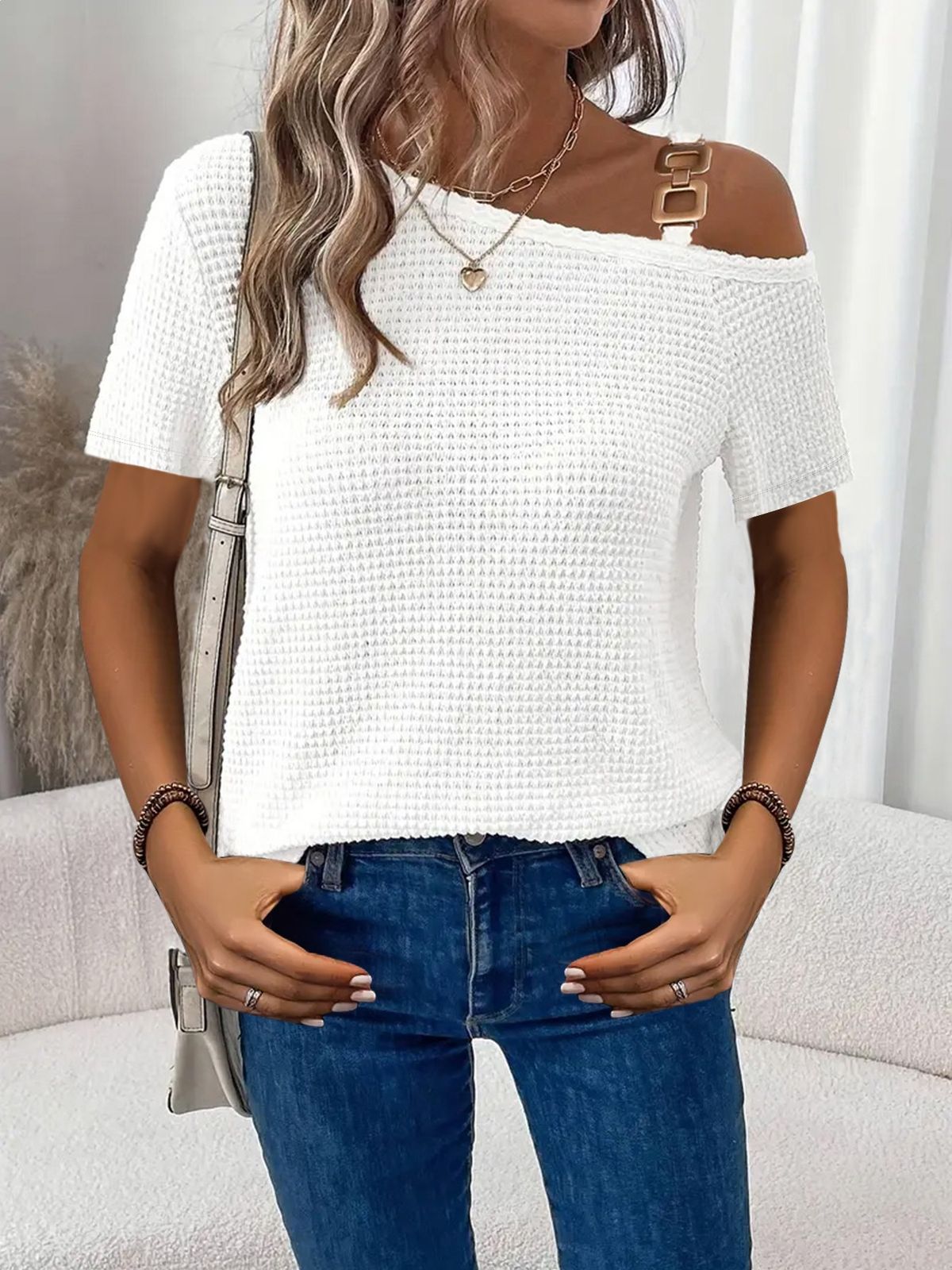 Women's Off-Shoulder Top Breathable Solid Color Casual Fashion European American Style Summer T-Shirt_ecoleips.com
