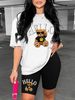 Women's Clothing T Shirt Suit Casual Bear Letter Short Sleeve Letter Printing Sets_ecoleips.com