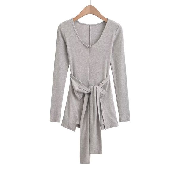 Women's Clothing Hot Girl Autumn Solid Color Two Piece Set Waist Tie V Neck Long Sleeve Slim Fit Bodysuit For Women S21285_ecoleips.com