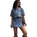 Workwear Denim Skirt Pants For Women Summer V-neck Short-sleeved Tops Hot Girl High Waist Irregular Suit_ecoleips.com