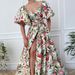 Women's Clothing V Neck Chiffon Print High Waist Slim Big Swing Skirt Celebrity Short Sleeve Dress_ecoleips.com