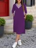 Women's Summer V Neck Long Sleeve Dress Loose Fitting Simple Design With Slit Hem_ecoleips.com