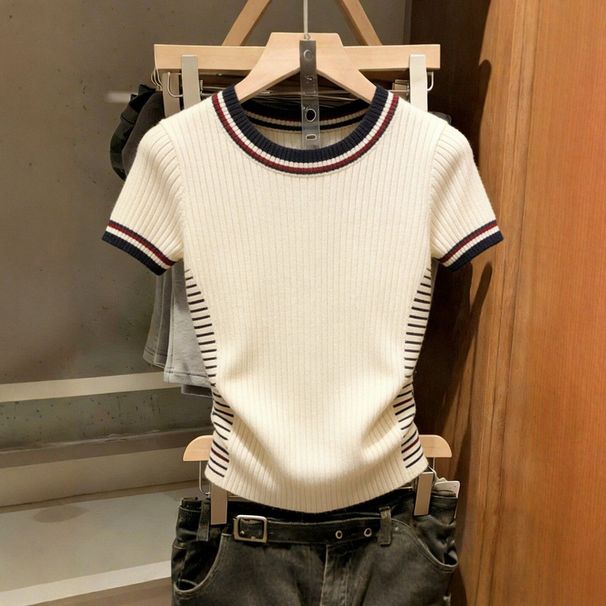 Women's Color Blocked Striped Patchwork T-Shirt Short Sleeve Pleated Waist Slimming Top Spring/Summer Style Sweet And Spicy_ecoleips.com