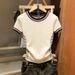 Women's Color Blocked Striped Patchwork T-Shirt Short Sleeve Pleated Waist Slimming Top Spring/Summer Style Sweet And Spicy_ecoleips.com