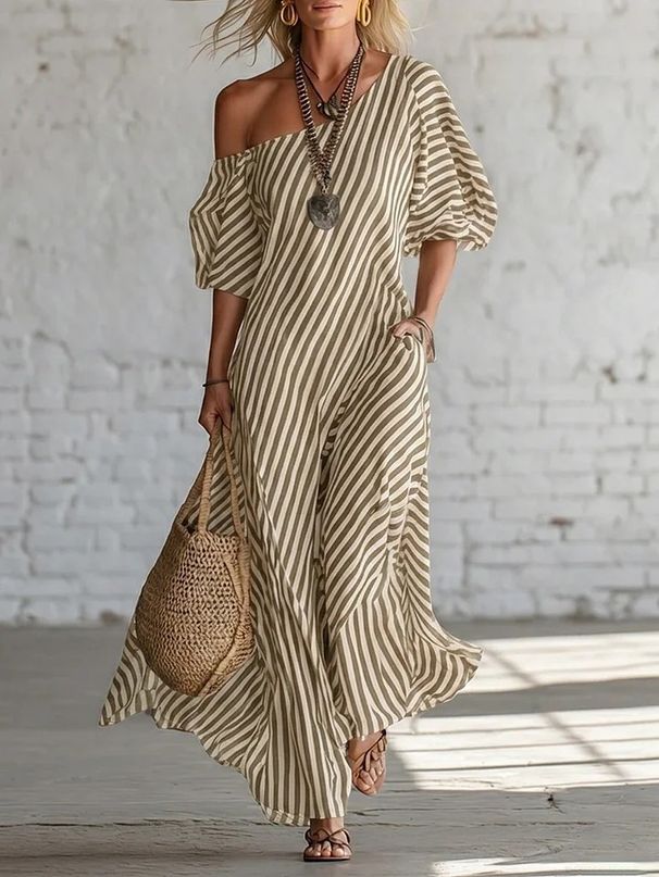 Spring Striped Off-Shoulder Dress For Women Elegant Casual Thin Summer Fashion England Style Adult Clothing_ecoleips.com