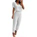 Women's Clothing Solid Color V Neck Short Sleeve Tops And Cuffed Pants Set Fashionable And Casual Two Piece Set_ecoleips.com