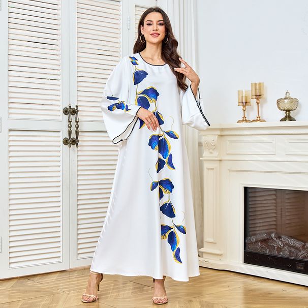 Modest Abaya Dress Women's Floral Print Long Robe Casual Middle Eastern Style Fashionable Versatile Flowing Skirt For All Seasons Polyester_ecoleips.com