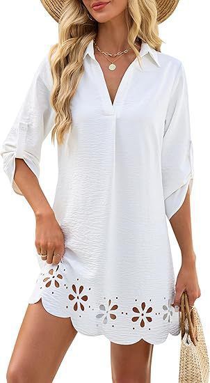 Women's Plus Size V Neck Lace Dress Style Summer Hollow Out Mid Sleeve Loose Beach Cover Up Resort Wear_ecoleips.com