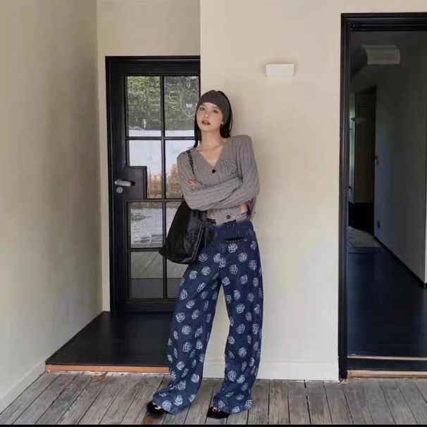 Rose Flower Jeans For Women 2025 Autumn New Korean Style High Waist Slimming Versatile Printed Wide-Leg Casual Pants_ecoleips.com