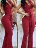 Women's Clothing Elegant V Neck Button Pockets, High Waisted Lace Up Solid Color Slim Fit Jumpsuit_ecoleips.com