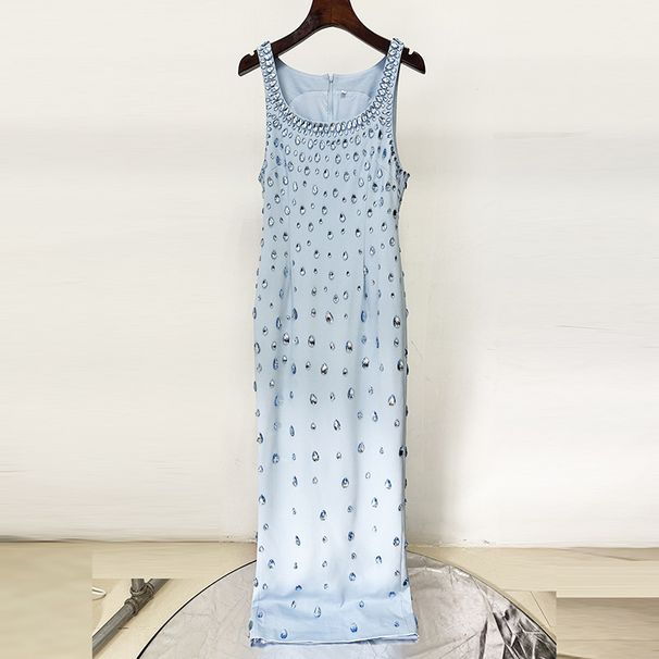 Women's Clothing Star Fashion Heavy Beaded Diamond Elastic Vest Long Dress Long Dress_ecoleips.com