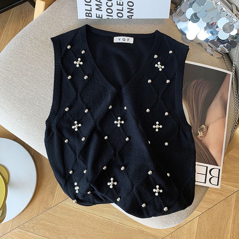 Women's Clothing Real Shot Spot Summer New Design Chic Beaded Sleeveless T Shirt V Neck Vest Sweater For Women_ecoleips.com