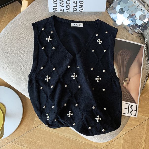Women's Clothing Real Shot Spot Summer New Design Chic Beaded Sleeveless T Shirt V Neck Vest Sweater For Women_ecoleips.com