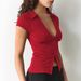 independent Site European And American Women's Clothing: Lapel Deep V-neck Low-cut Short-sleeve T-shirt For_ecoleips.com