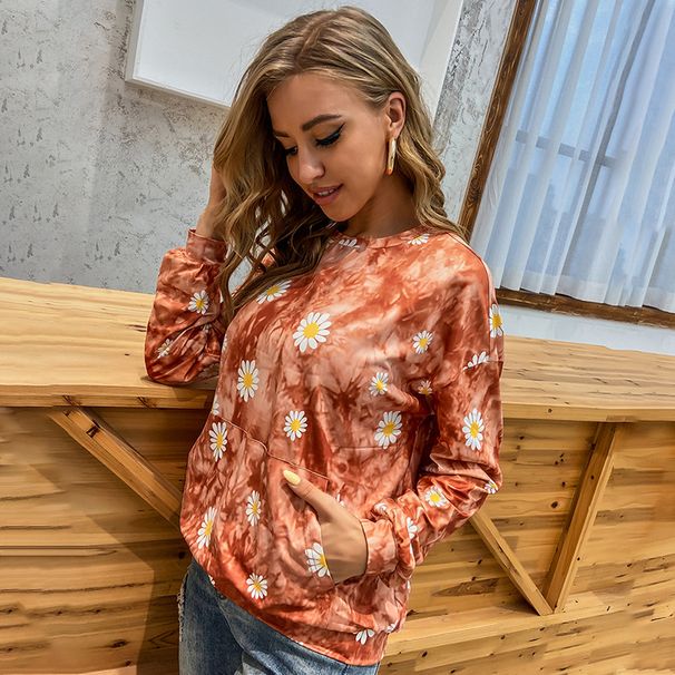 Voya Women's European And American Loose Daisy Ins Casual Hoodie Loose Long Sleeved Tie Dye Texture Hoodie For Women_ecoleips.com