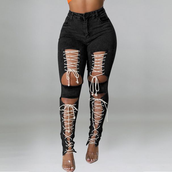 Women's Clothing Summer Eyelet Jeans Drawstring Design Sexy New Fashion Trend Straight Leg Ankle Jeans_ecoleips.com