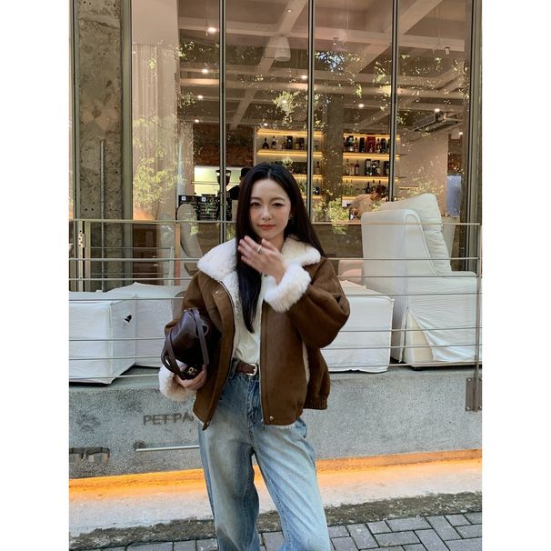 girl Lamb Wool Motorcycle Jacket 2025 Autumn Winter New Sheep Shear Fur Sheepskin Coat Women Short Youth Style_ecoleips.com