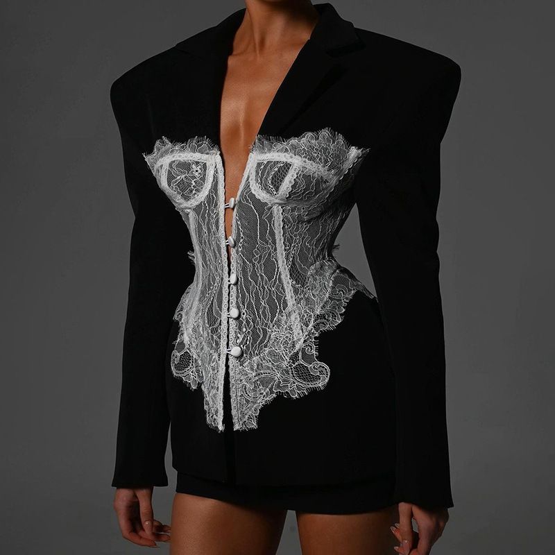 Celebrity High Grade Lace Stitching Fishbone Waist Top 2025 Summer New V Neck Long Sleeved Solid Color Jacket For Women_ecoleips.com