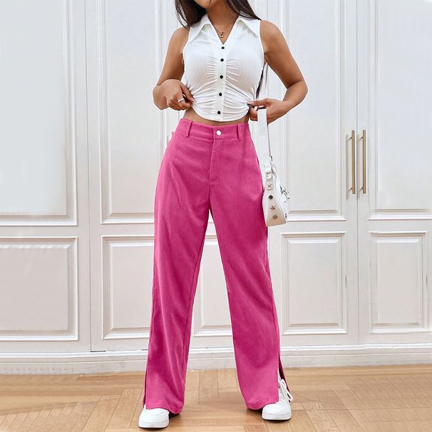 Voya 2026 European And American Women's Corduroy Straight-leg Pants With Slit At The Hem, Fashionable Trendy Women's Casual Pants_ecoleips.com