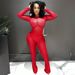 Women's Lace Sheer Jumpsuit Set - Long Sleeve Hollow Out Bodysuit With Floral Print Pants, Streetwear Style (S-L)_ecoleips.com