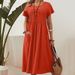 Women's Casual Short Sleeve Dress With Pocket - Solid Color Round Neck Cotton Linen Blend Midi Dress_ecoleips.com
