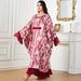 Muslim Dress Women Flowing Batwing Sleeve Abaya Dress – Red Fringe Trimmed Maxi Dress, Lightweight Polyester, Modest & Boho Chic For Women_ecoleips.com