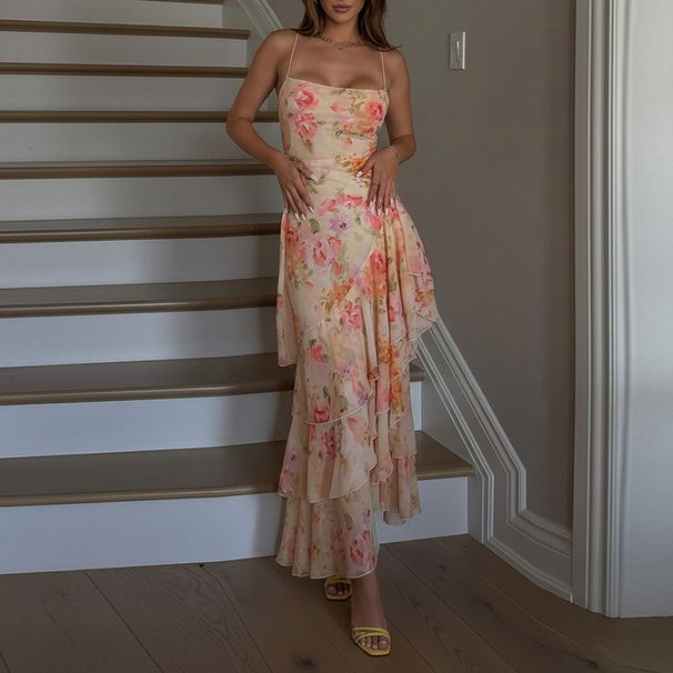 Elegant Backless Layers Mesh Gown Dress Vacation Floral Printed Long Dress Women Sexy Off Shoulder Asymmetry Straps Party Dress_ecoleips.com