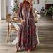 Women's Clothing Trumpet Sleeve Printed V Neck High Waist Dress Floral Female Long Dress_ecoleips.com