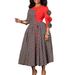 Women's Elegant Print-Paneled Dress | Afro-Chic Short Sleeve A-Line Midi Dress | High Waist Floral & Geometric Fusion (Red/White/Blue, S-XXXL)_ecoleips.com