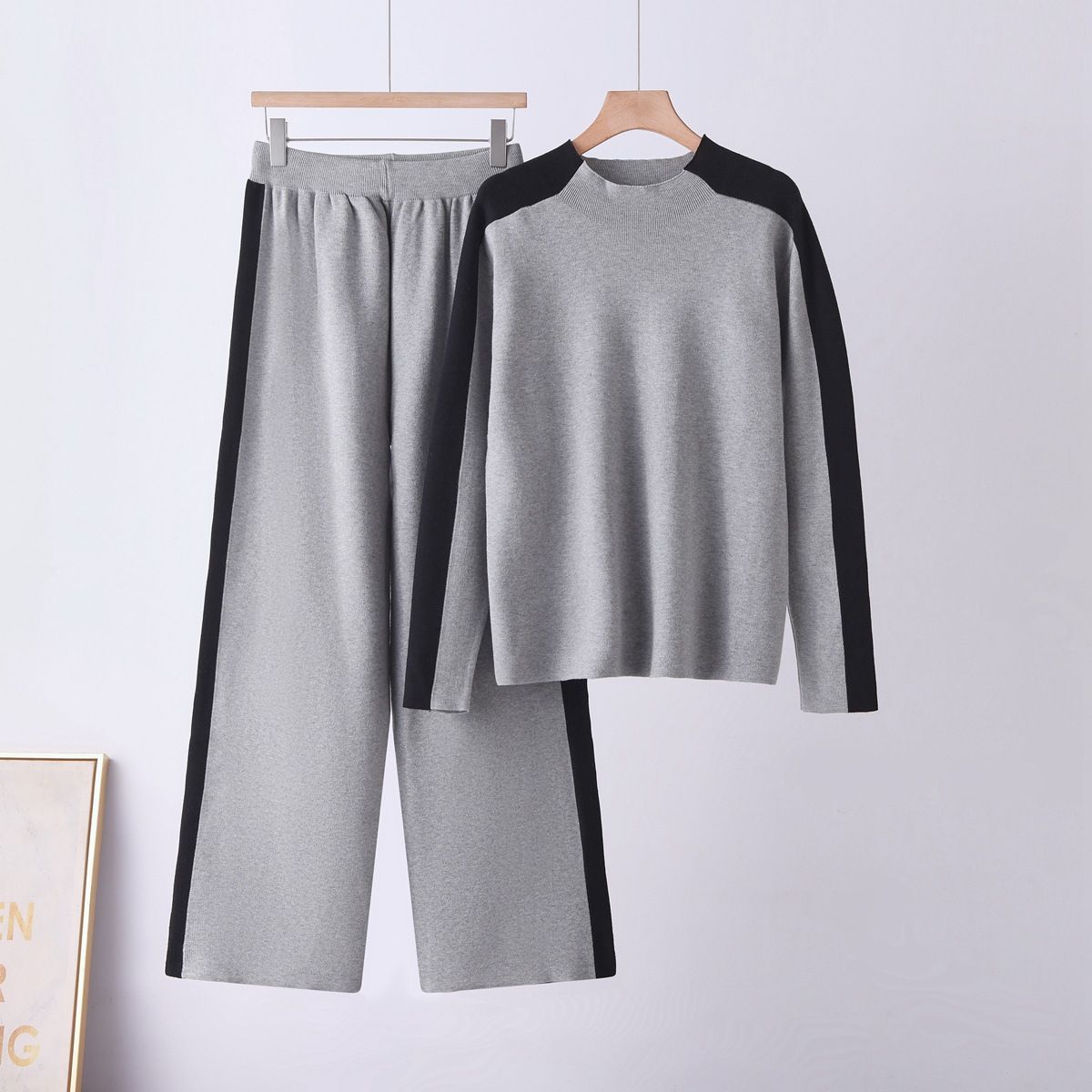 Women's Fashion Two Piece Set High Waisted Color Blocked Wide Leg Trousers And Knit Sweater Loose Slimming High Street Style_ecoleips.com