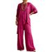 Breathable Linen-Cotton Short Sleeve Top And Long Pants Set, Solid Color Relaxed Two-Piece Outfit For Women, Summer Casual Comfort_ecoleips.com